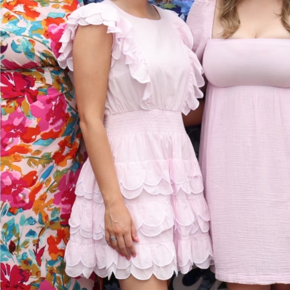 S Sail to Sable Blush Ruffle Front Scalloped Hem Mini Dress